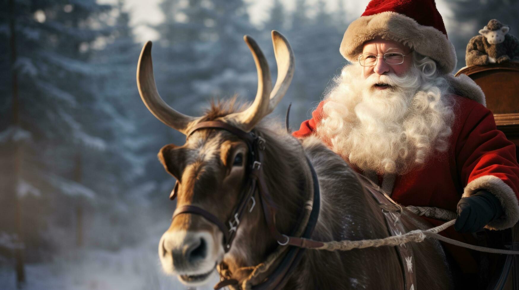 Santa Claus and his reindeer delivering presents photo