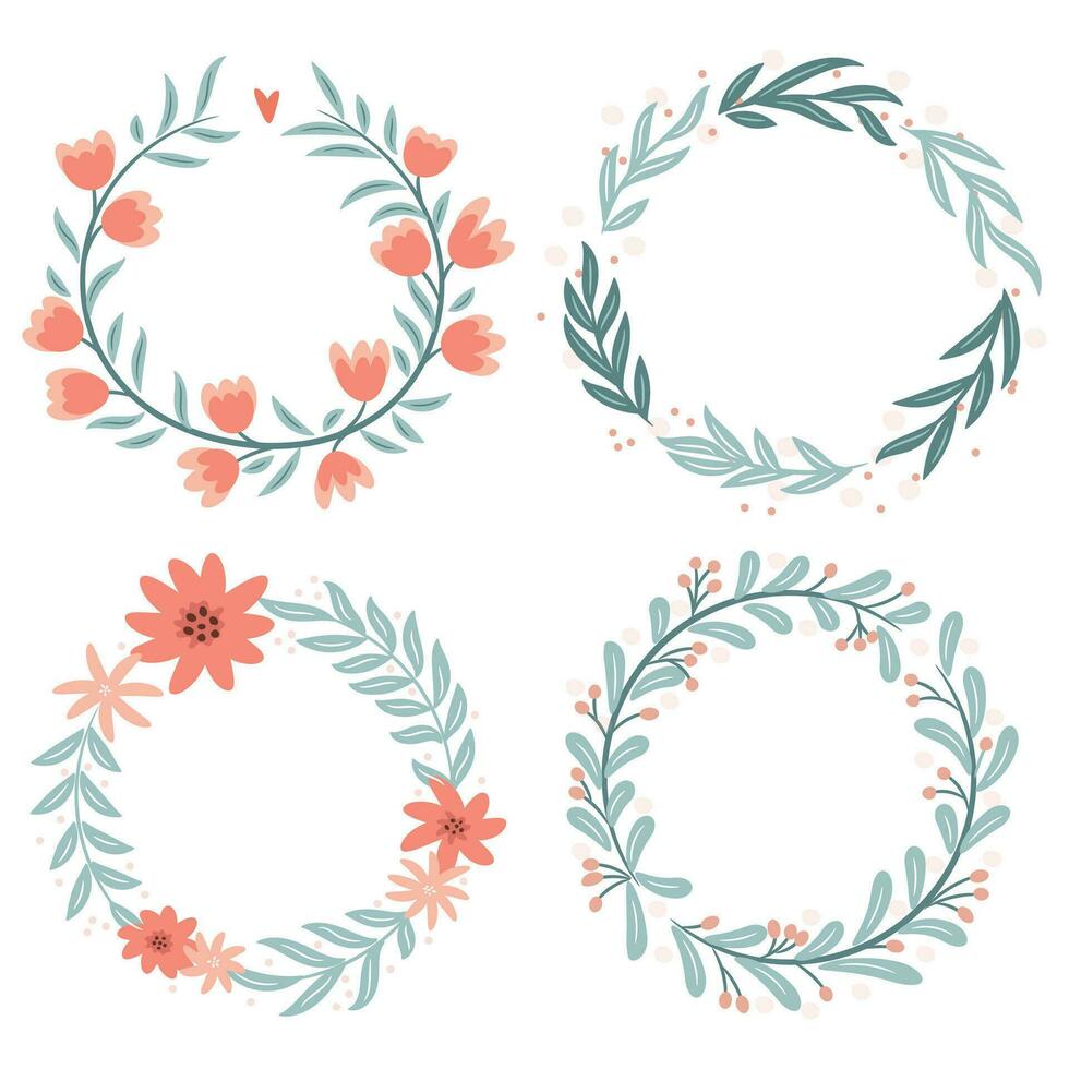 Set of four abstract foliage wreaths. Vector illustration.