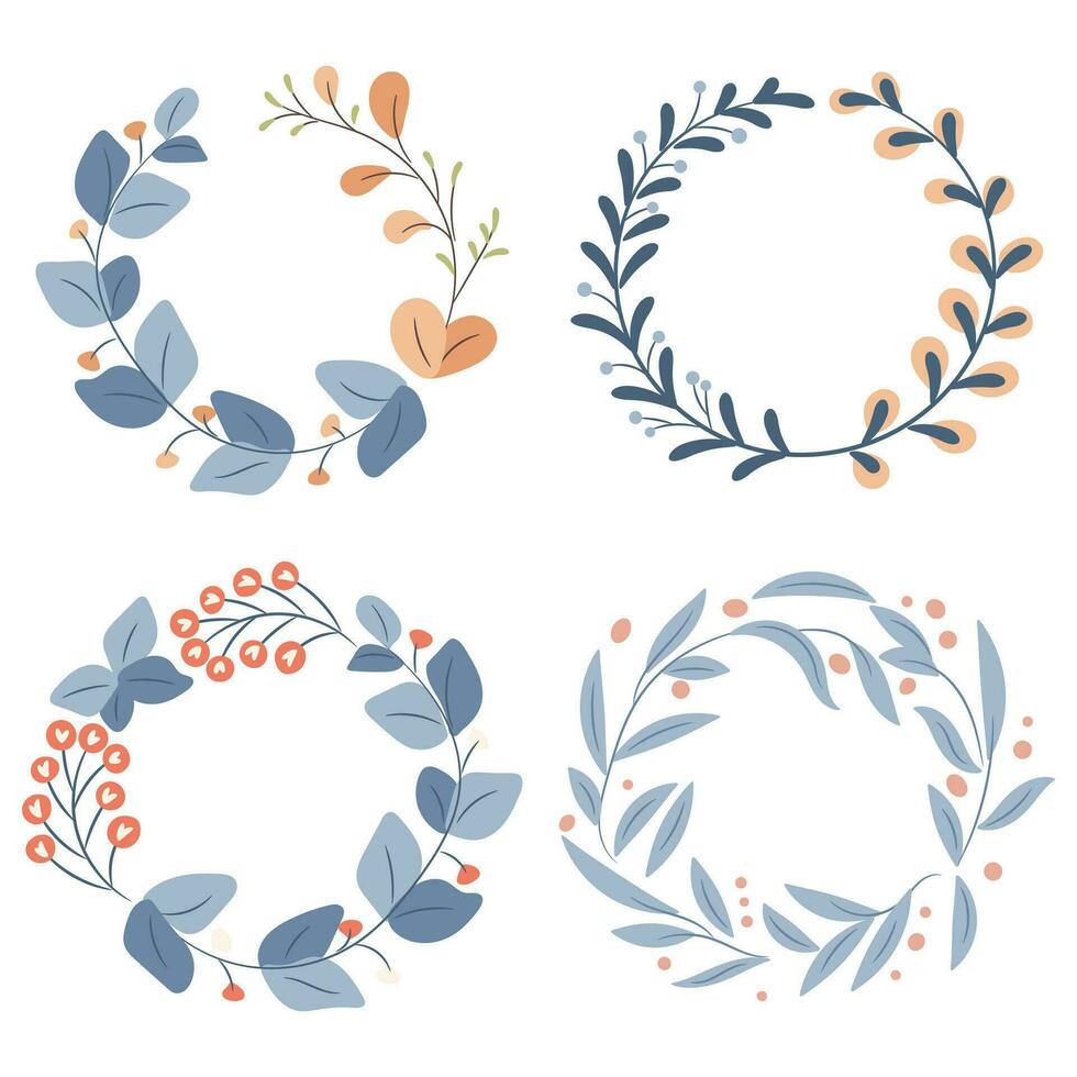 Set of four abstract foliage wreaths. Vector illustration.