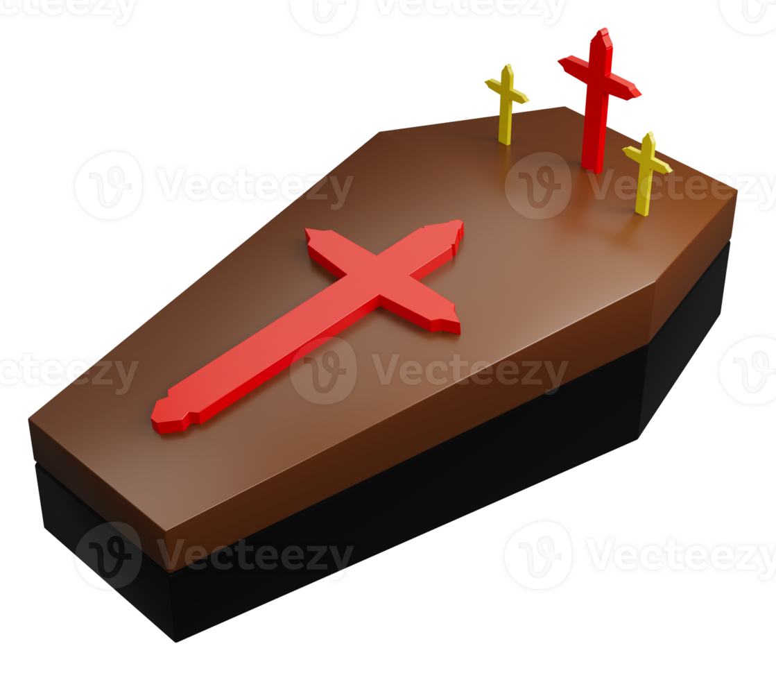 3D rendering of coffin with cross, concept for halloween festival png