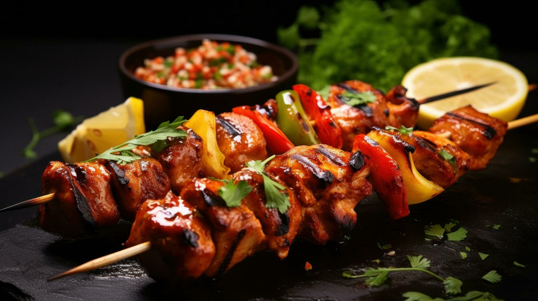 Juicy and grilled chicken kebab skewers. photo