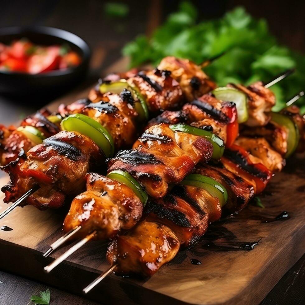 Juicy and grilled chicken kebab skewers. photo