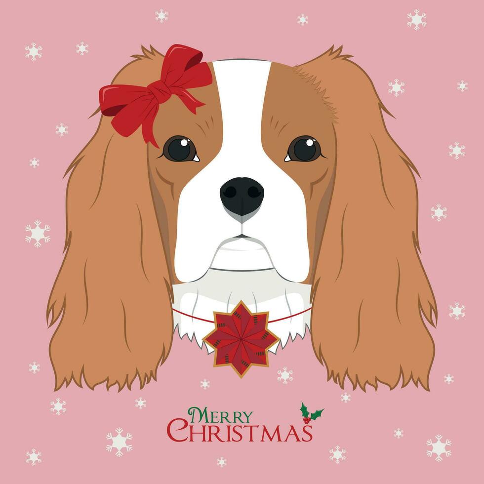 Christmas greeting card. Cavalier King Charles Spaniel dog with a red bow and a Christmas ornament vector