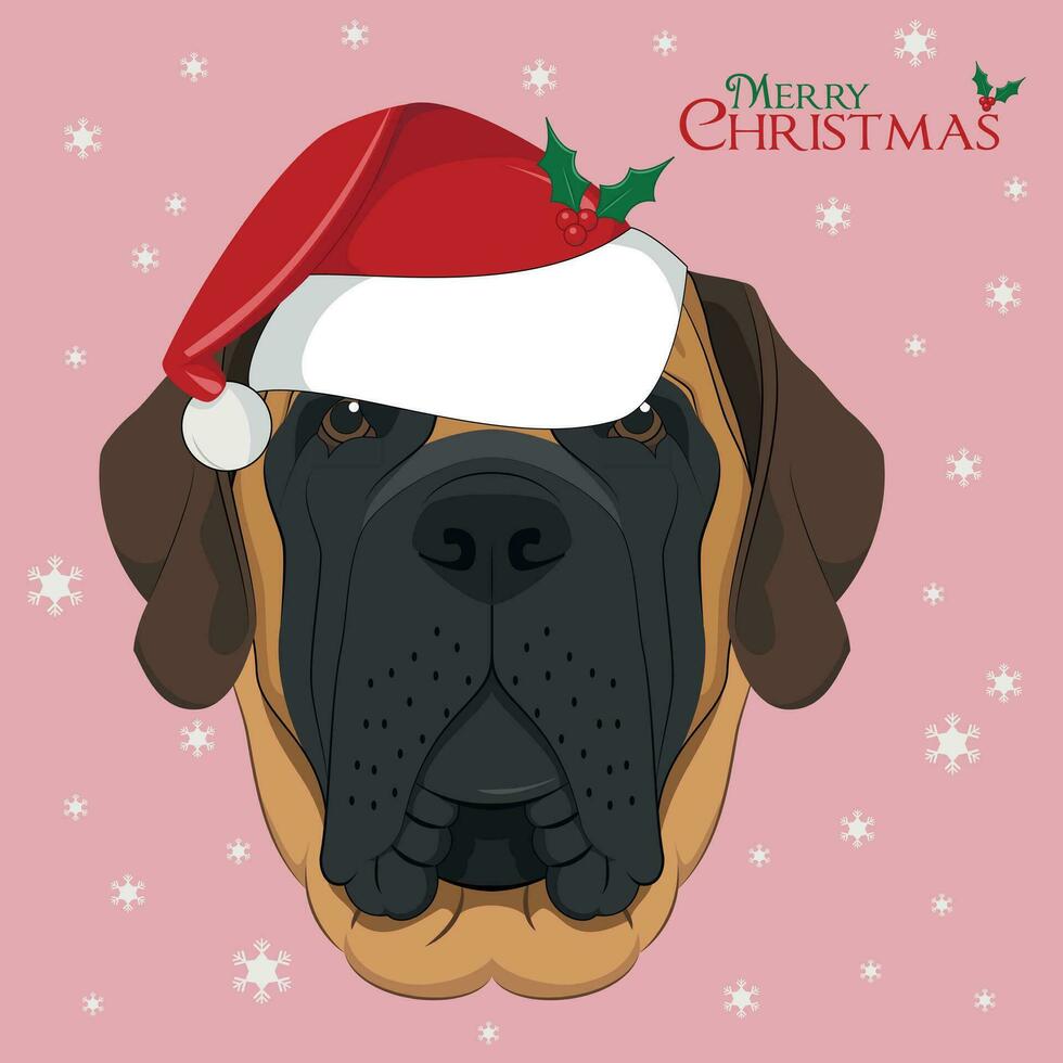 Christmas greeting card. English Mastiff dog with red Santa hat vector