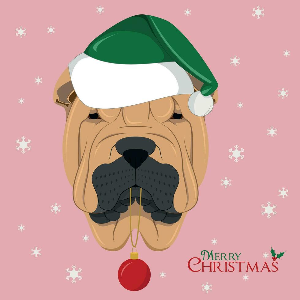 Navidad saludo tarjeta. Shar pei perro con verde de santa sombrero y Navidad juguete pelota vector