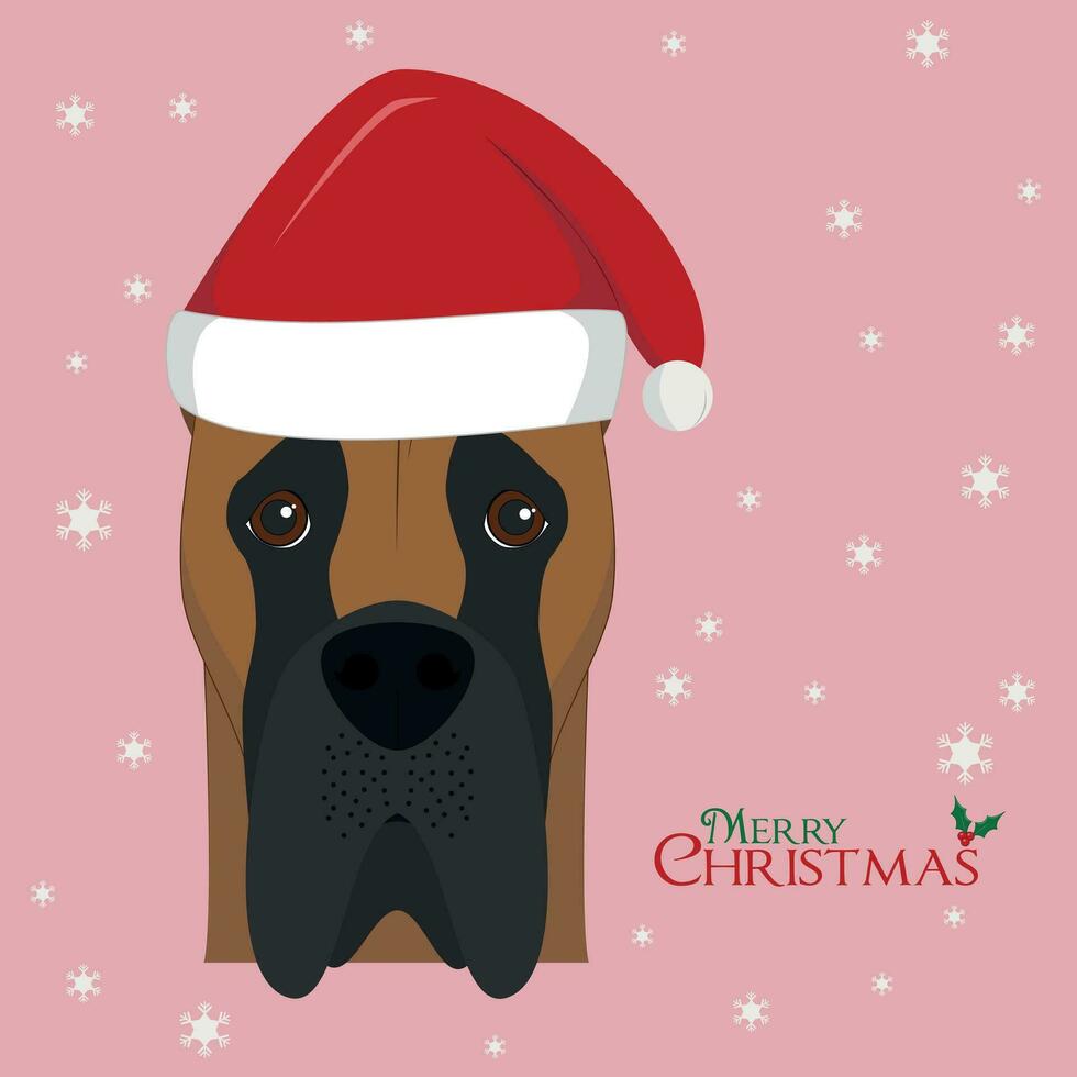 Christmas greeting card. Great Dane dog with red Santa's hat vector