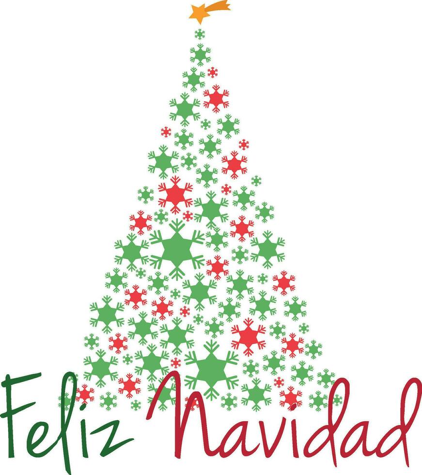 Navidad árbol vector ilustración hecho con copos de nieve y texto alegre Navidad en rojo y verde colores y en español.