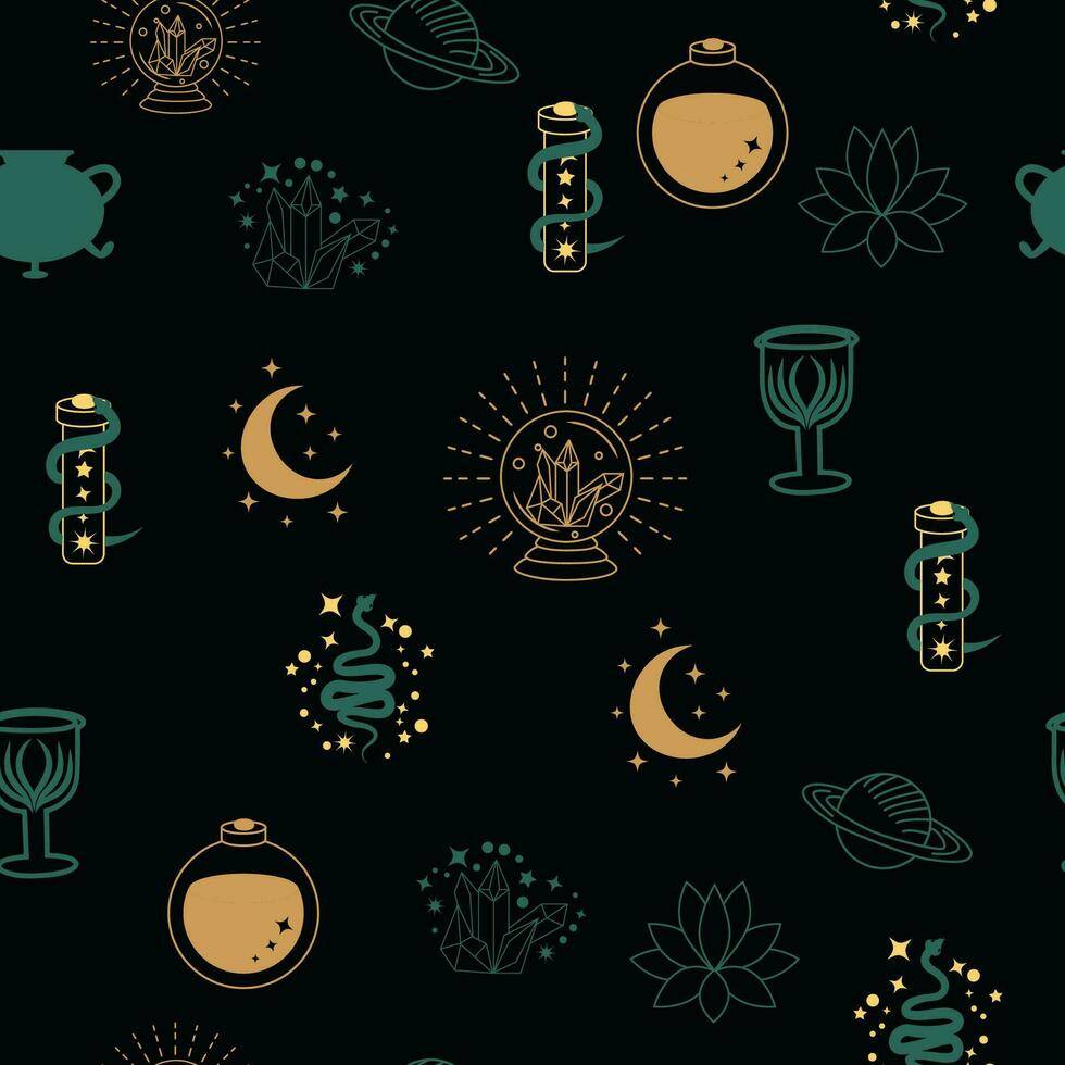 Magic and heaven seamless pattern, with magical elements such as snake, eye. Symbols and elements of the witchcraft theme. vector