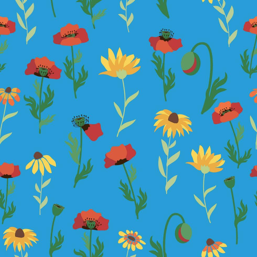 Seamless pattern with red poppies, white chamomile flowers, yellow rudbeckia. Summer flower field, meadow. vector