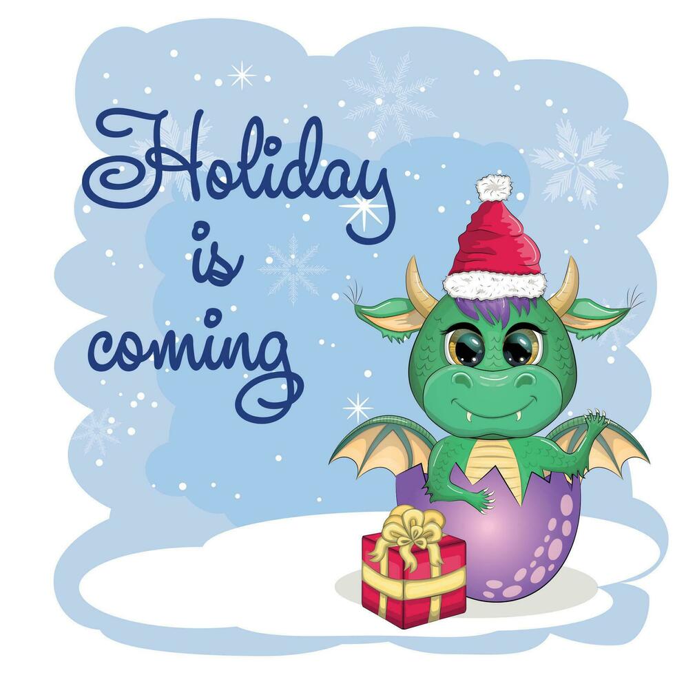 Cute cartoon green dragon in santa hat. 2024 new year, chinese calendar vector