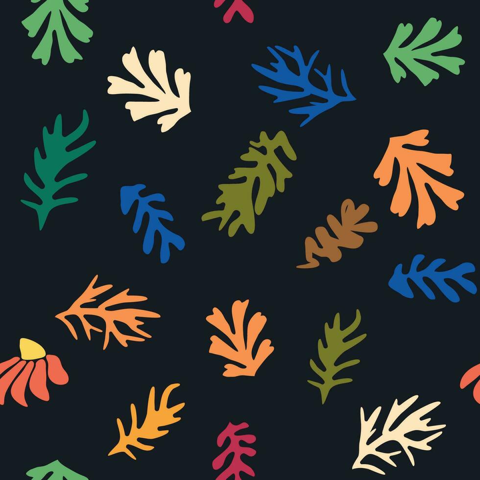 Blue Matisse floral pattern, crooked leaves and red flowers. vector