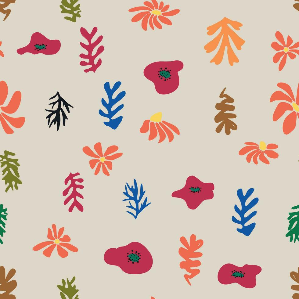 Blue Matisse floral pattern, crooked leaves and red flowers. vector