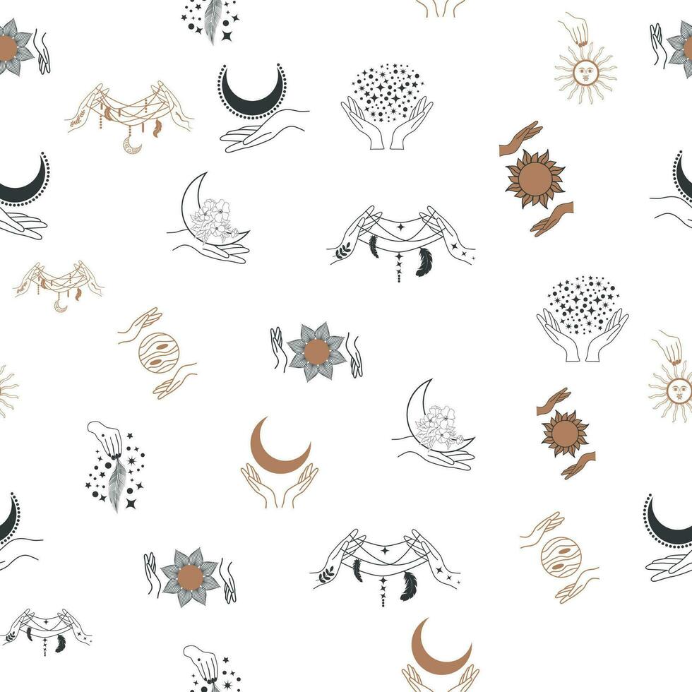 Magic and heaven seamless pattern, with magical elements. Symbols and elements of the witchcraft theme. vector