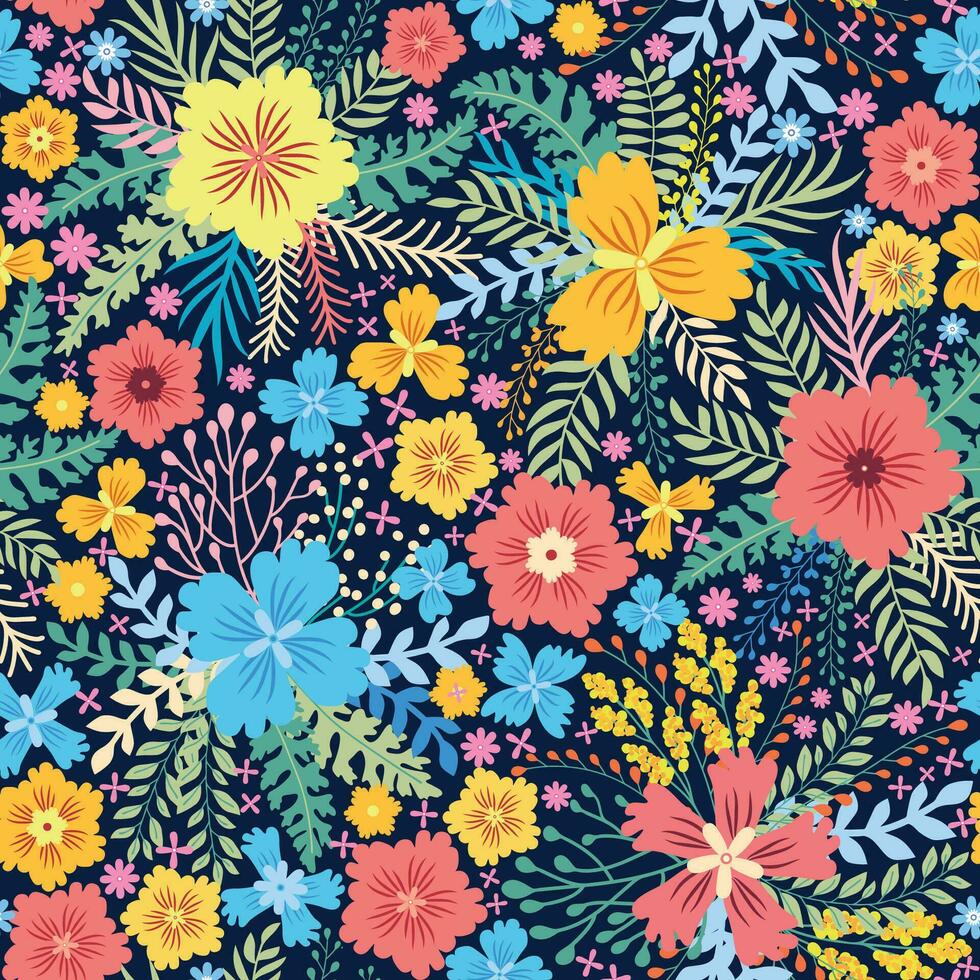 Fairy meadow with flowers seamless pattern. Cute feminine design vector