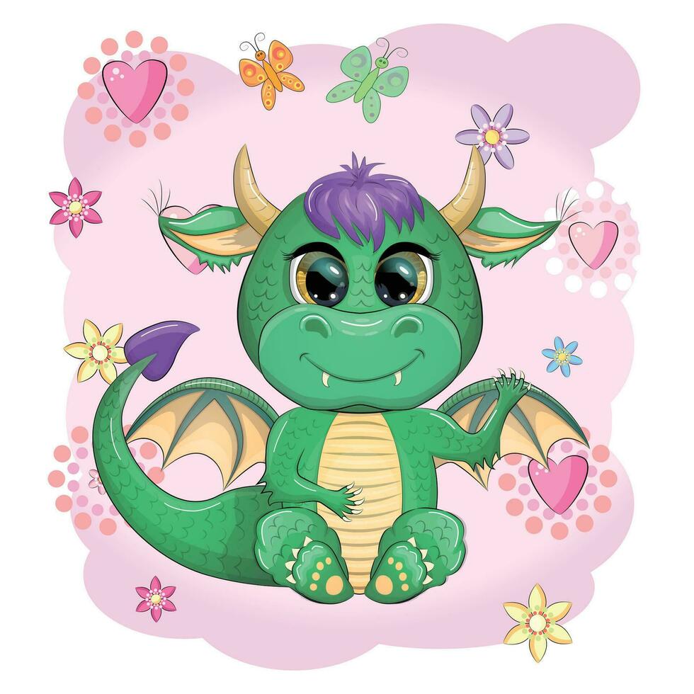 Cute cartoon green baby dragon with horns and wings. Symbol of 2024 according to the Chinese calendar. Funny mythical monster reptile vector