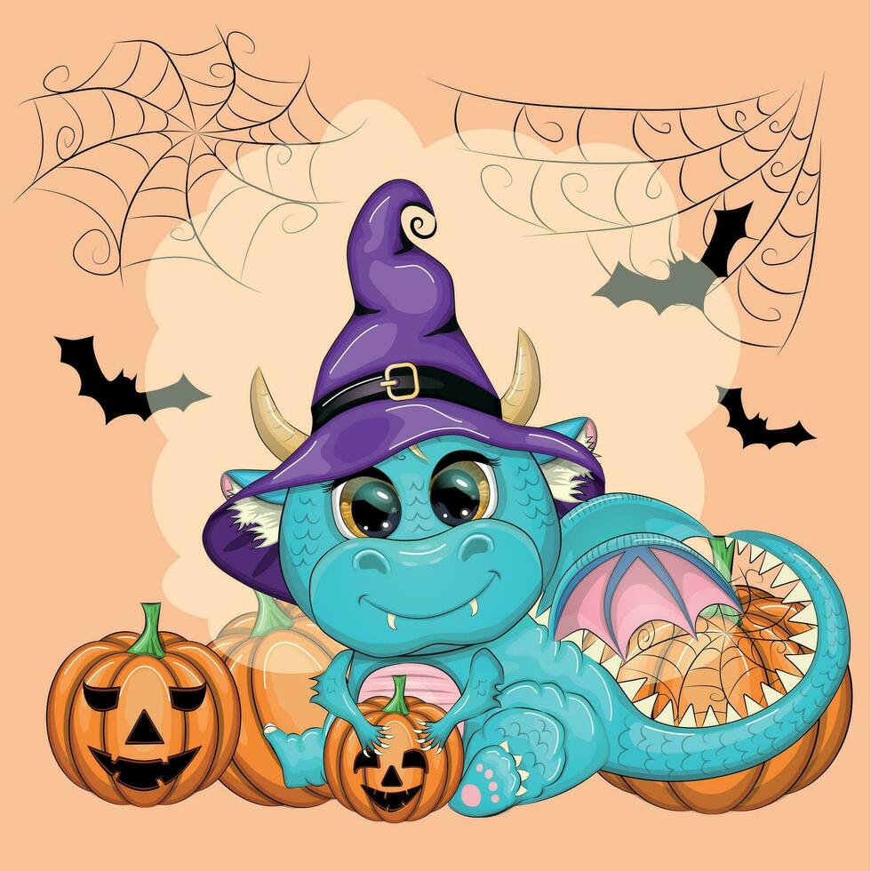 Cute cartoon green dragon in a purple magic hat, Halloween. Symbol of 2024 according to the Chinese calendar vector