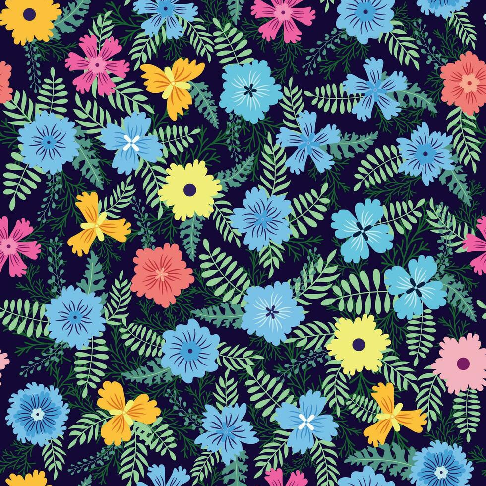 Fairy meadow with flowers seamless pattern. Cute feminine design vector