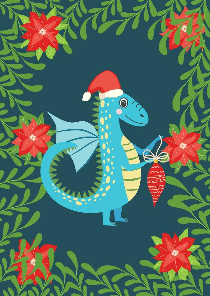 Christmas card with cute green dragon. Year of the Dragon 2024, China vector