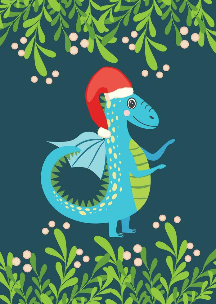 Christmas card with cute green dragon. Year of the Dragon 2024, China vector
