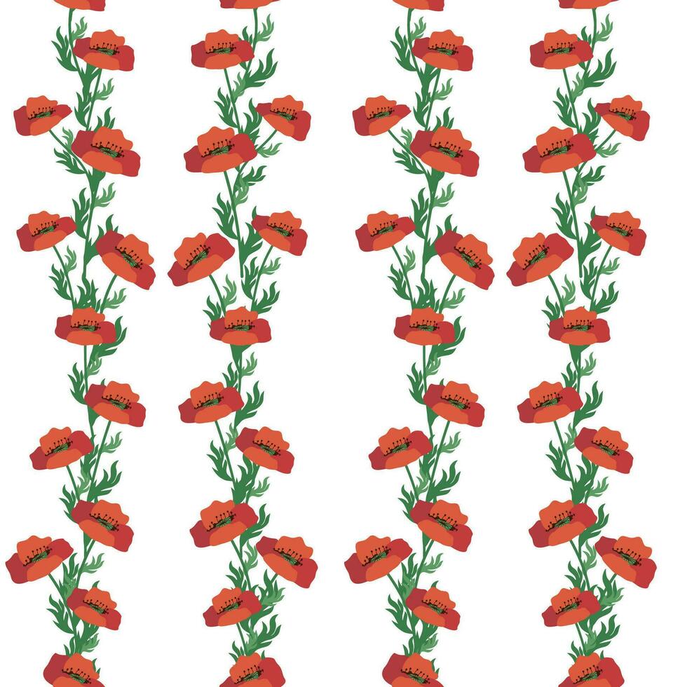 Summer seamless pattern with bright red poppy flowers and poppy pods. Field, meadow of poppies vector