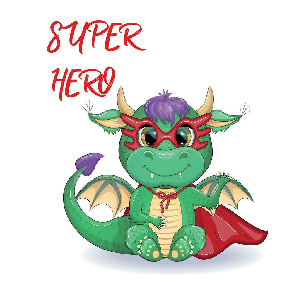 Cute cartoon green baby dragon in a red cape, super hero savior. Symbol of 2024 according to the Chinese calendar. vector
