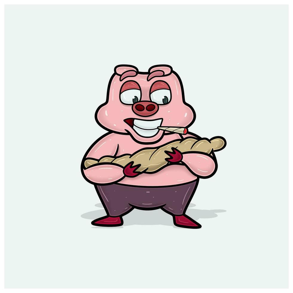 Pig Character Cartoon With Happy, Smoking and Bring Baby Cigarette. vector