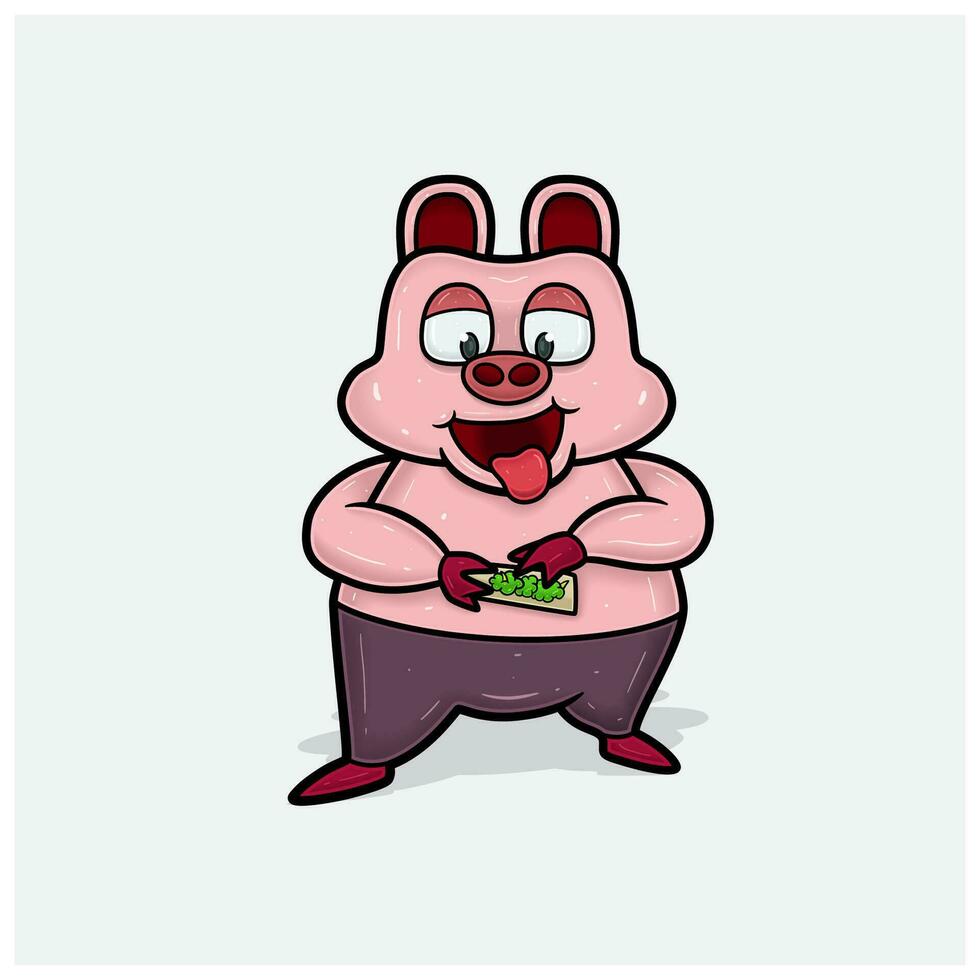 Pig Character Cartoon With So High and Bring Cigarette. vector