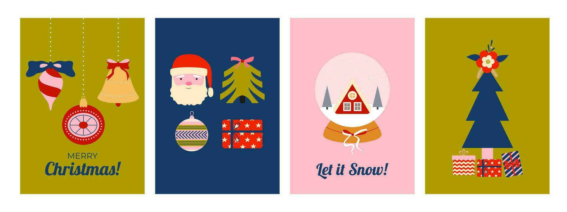 conjunto de Navidad saludo tarjetas en retro Clásico estilo. Navidad árbol vaso pelotas, Papa Noel, nieve globo, regalos. contento nuevo año. escandinavo. fondo, bandera, cubrir, web modelo. vector