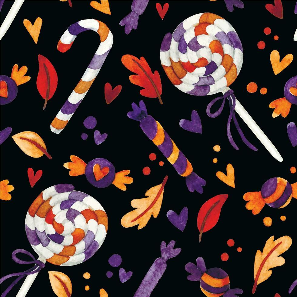 watercolor seamless pattern with Halloween sweets and candies on a dark background. cute halloween print vector