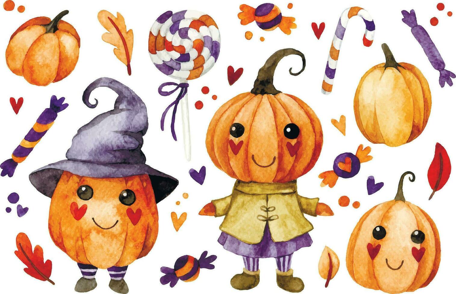 Watercolor drawing, set of cute characters Halloween pumpkins, sweets and candies. kawaii. vector