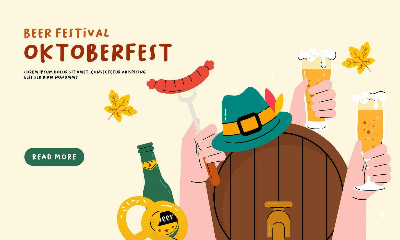 Oktoberfest Banner Background. Beer Festival Flat Hand Drawn Illustration vector