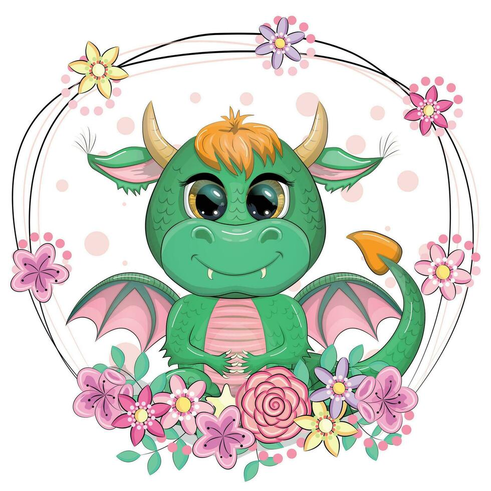 Cute cartoon green baby dragon with horns and wings. Symbol of 2024 according to the Chinese calendar. Funny mythical monster reptile vector