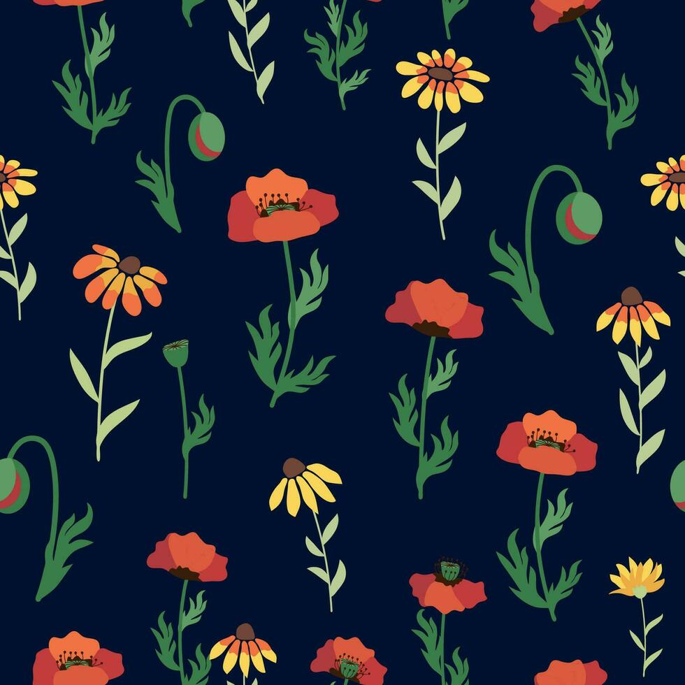 Seamless pattern with red poppies, white chamomile flowers, yellow rudbeckia. Summer flower field, meadow. vector