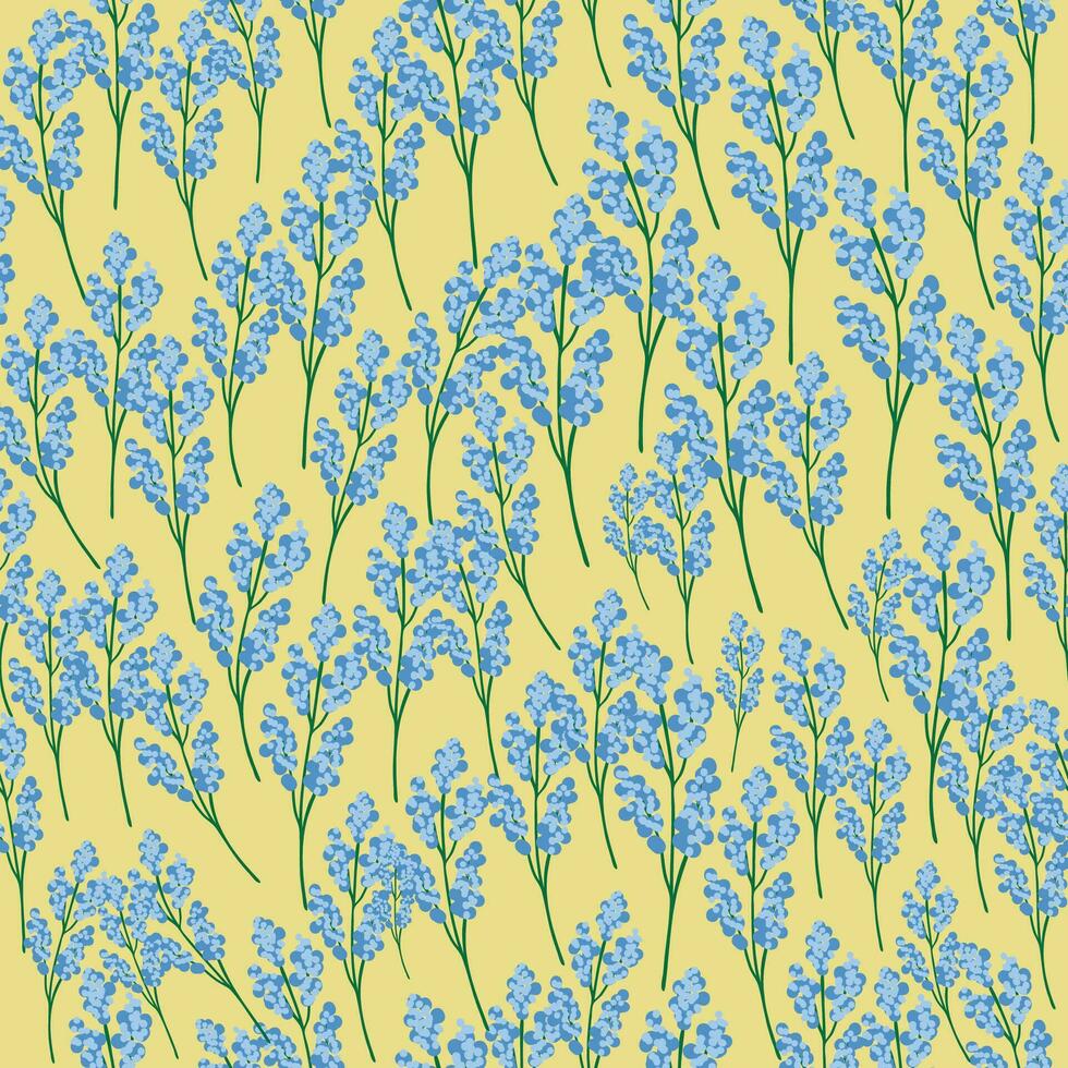Seamless floral print pattern with yellow and blue mimosa flowers, leaves in hand drawn style on a blue-turquoise background. Ukraine flag flower concept vector