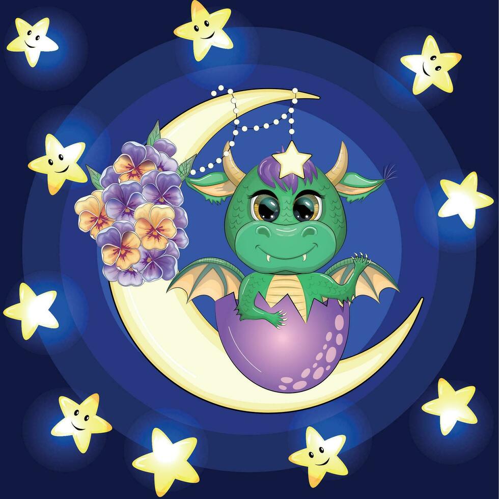 A cute cartoon green dragon sits on the moon. Animal on a dark blue background with clouds and stars. Year 2024 Chinese calendar vector