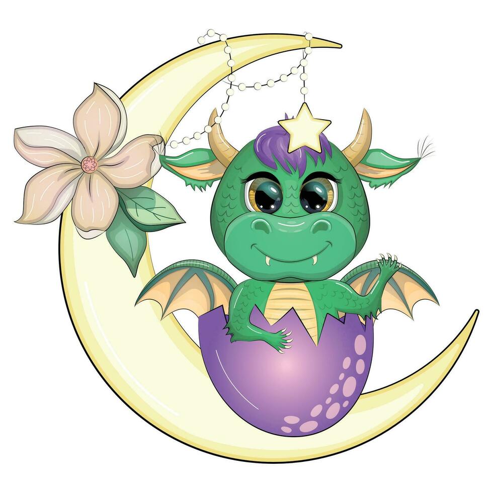 Cute cartoon green baby dragon on the moon. Symbol of 2024 according to the Chinese calendar. vector