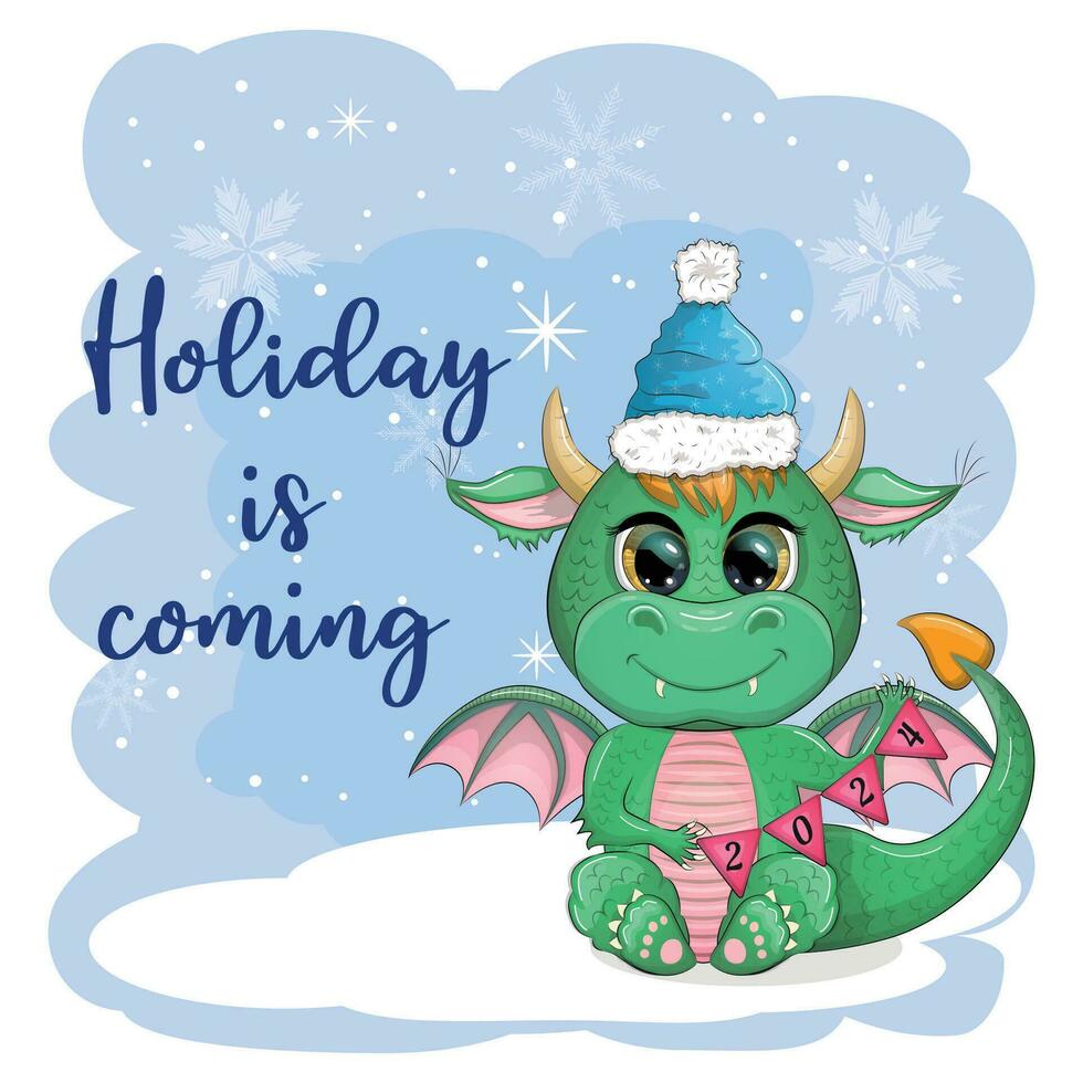 Cute cartoon green dragon in santa hat. 2024 new year, chinese calendar vector