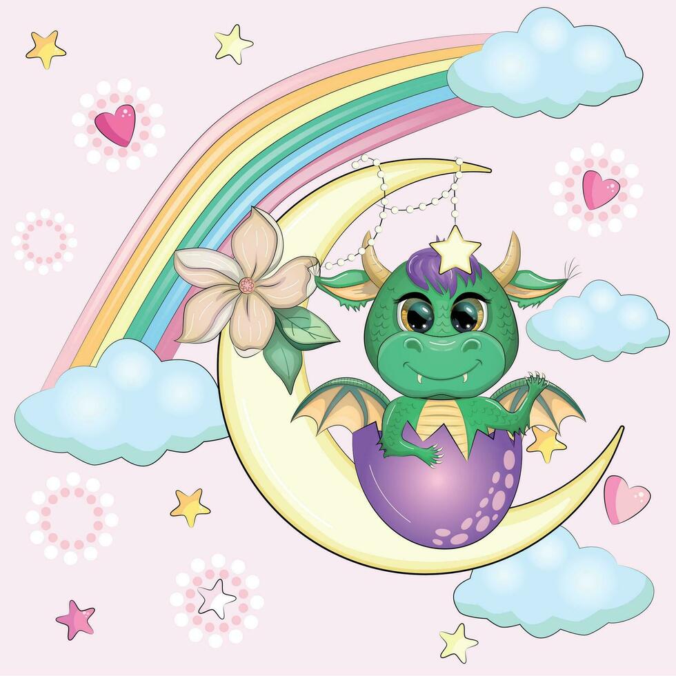 A cute cartoon green dragon sits on the moon. Animal on a pink background with clouds and stars. Year 2024 Chinese calendar vector