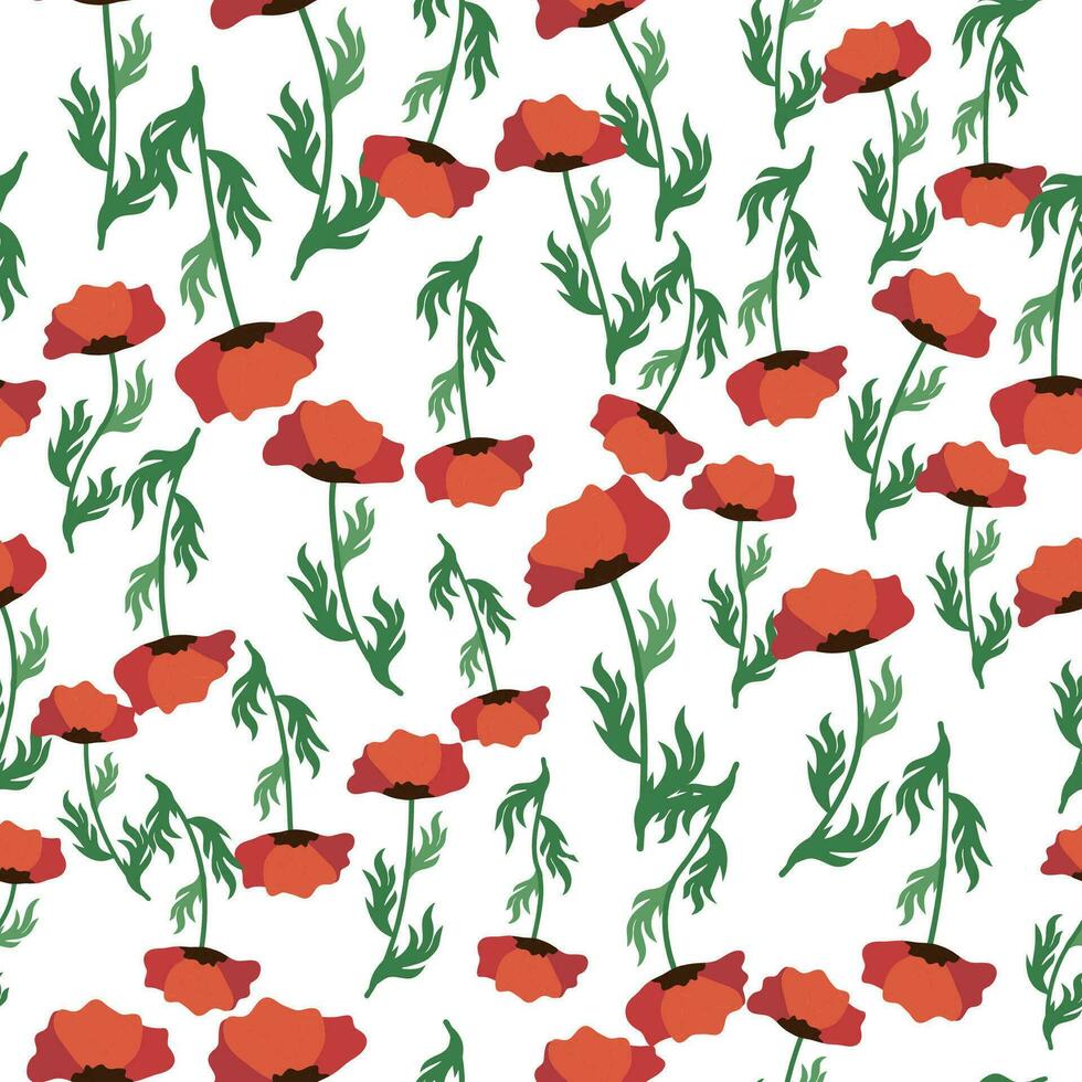 Summer seamless pattern with bright red poppy flowers and poppy pods. Field, meadow of poppies vector