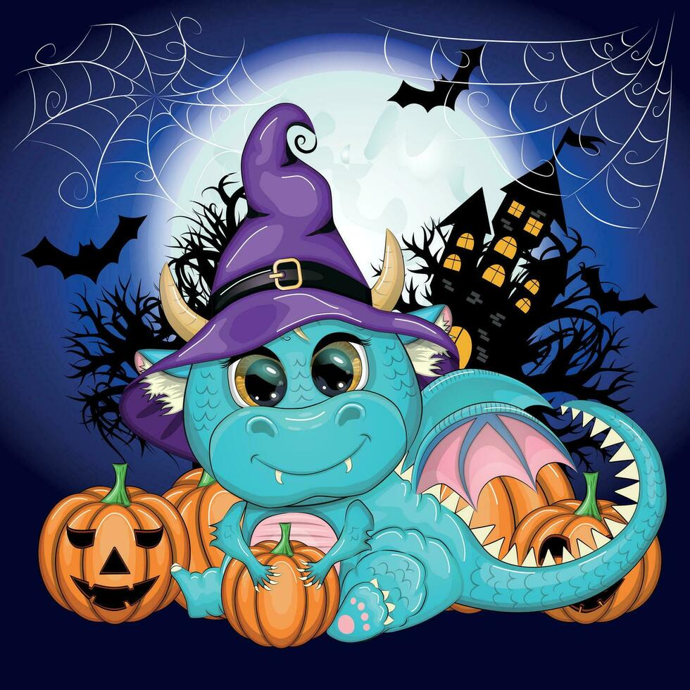 Cute cartoon green dragon in a purple magic hat, Halloween. Symbol of 2024 according to the Chinese calendar vector