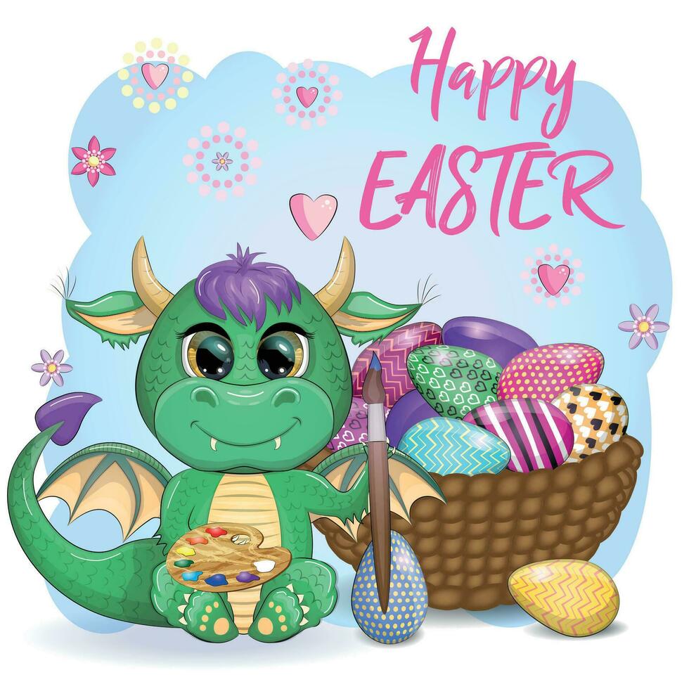 Cute cartoon green baby dragon with an easter egg. Symbol of 2024 according to the Chinese calendar vector