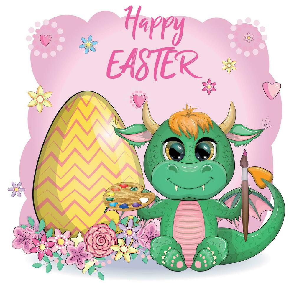 Cute cartoon green baby dragon with an easter egg. Symbol of 2024 according to the Chinese calendar vector