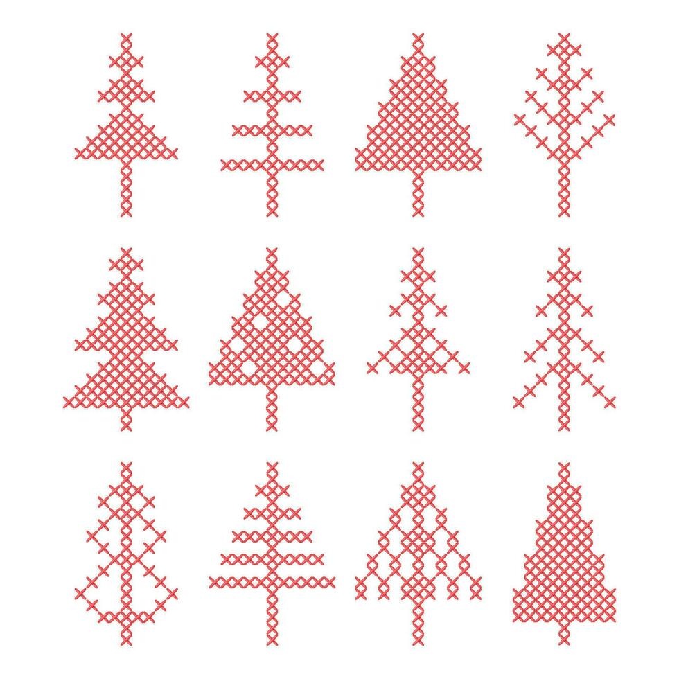 Set of Christmas tree peasant folk rustic motif. cross stitch fir tree vector