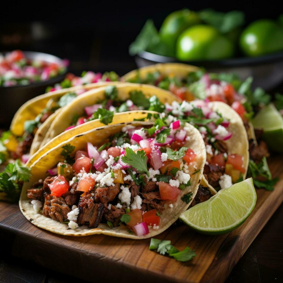 Freshly made taco with colorful toppings photo