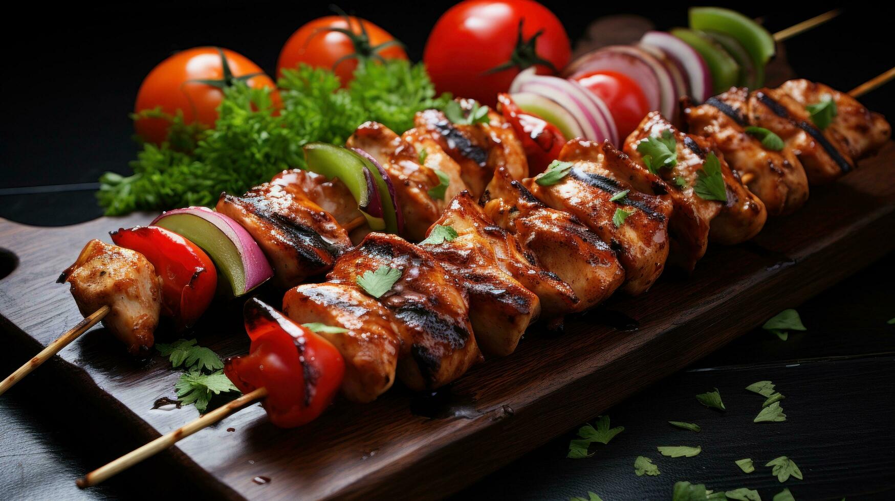 Juicy and grilled chicken kebab skewers. photo