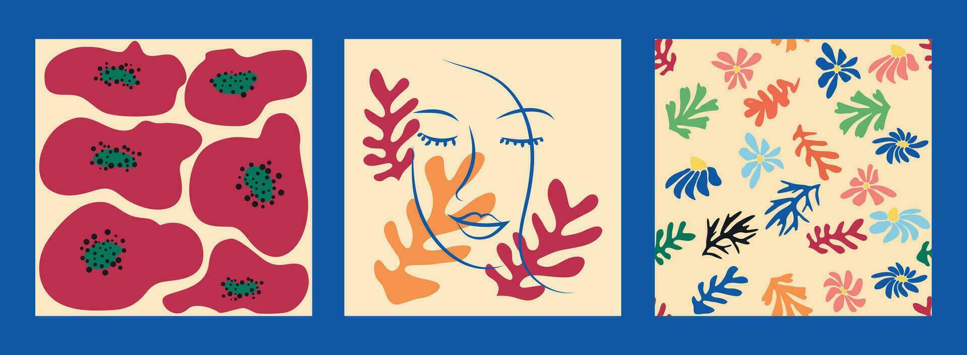 Modern trendy Matisse flower minimal style. Set of 3 Matisse inspired wall art posters, brochure, flyer templates vector