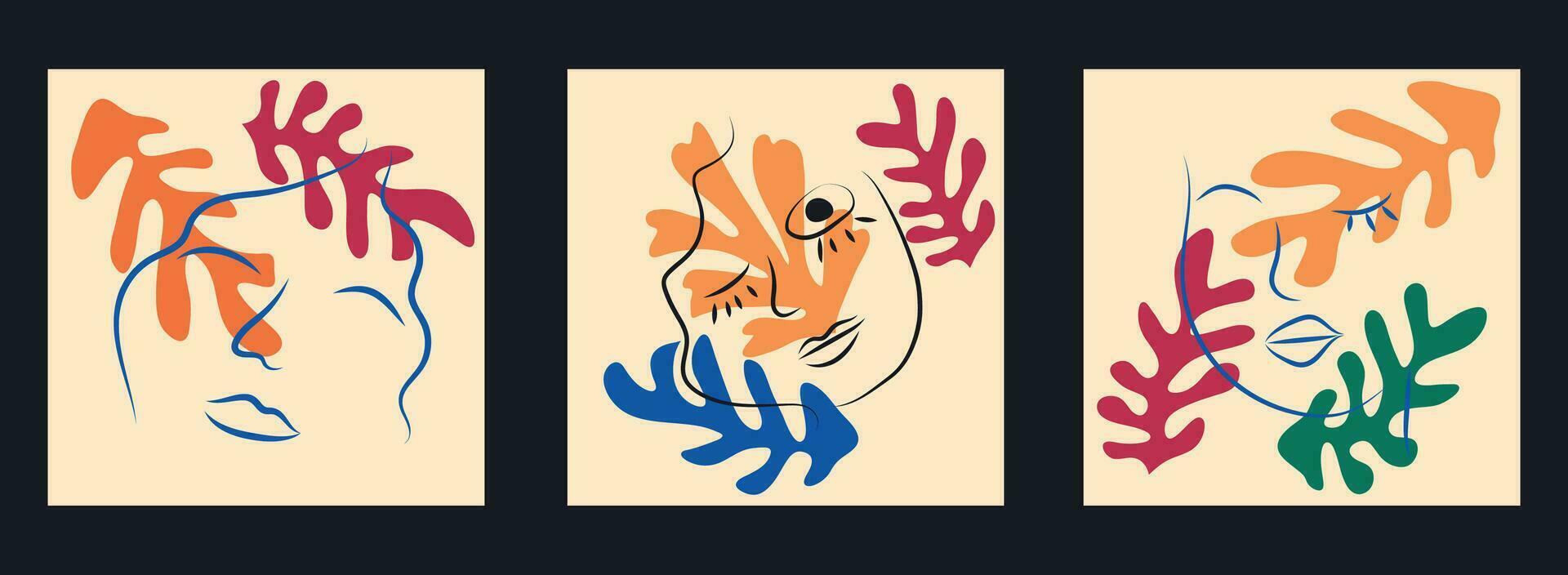 Matisse-inspired female figures in different poses with flowers in a minimalist style vector