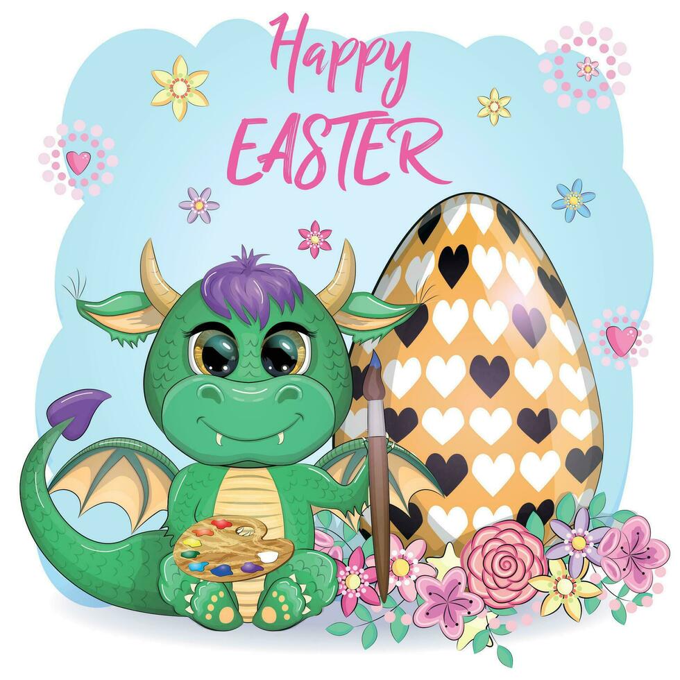 Cute cartoon green baby dragon with an easter egg. Symbol of 2024 according to the Chinese calendar vector