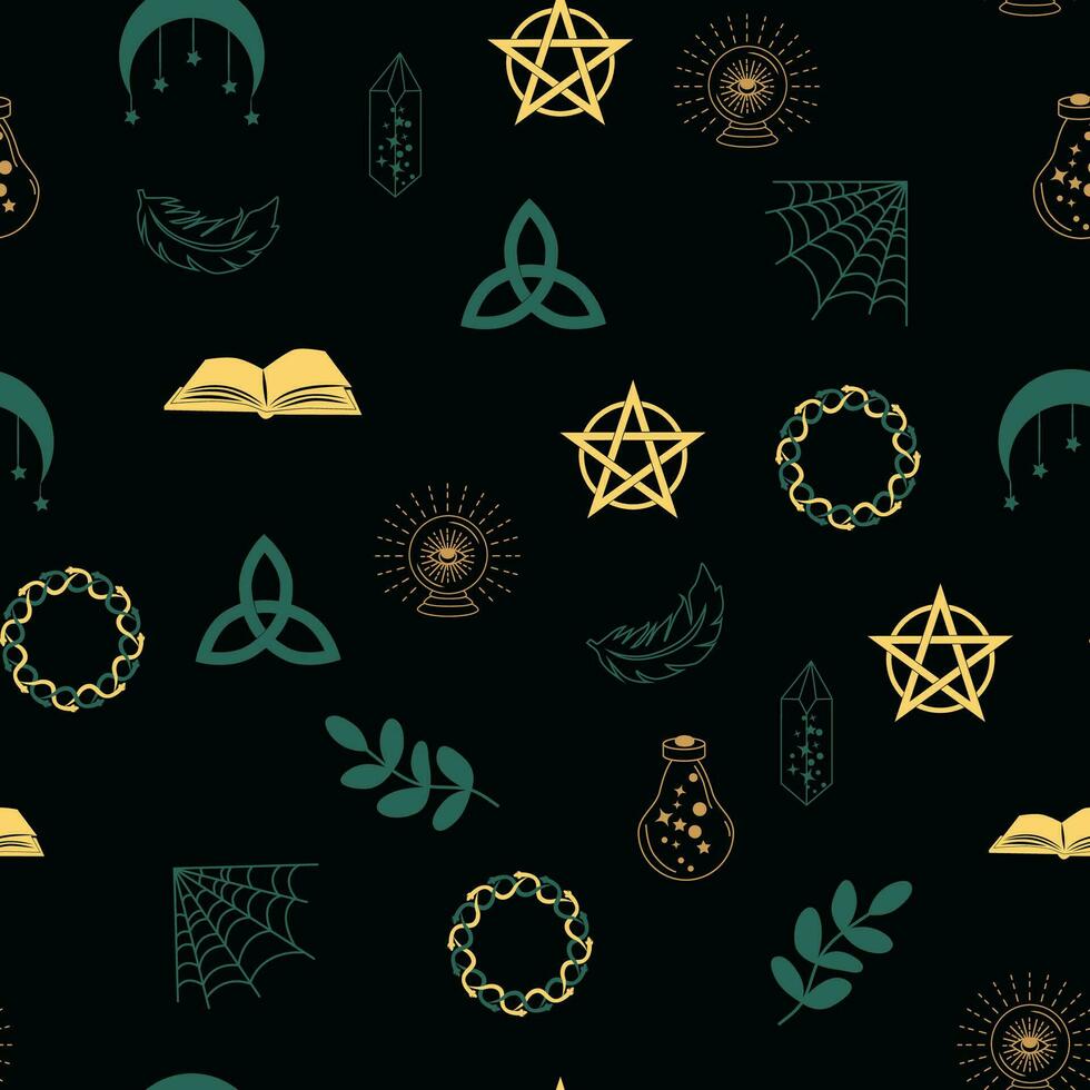 Magic and heaven seamless pattern, with magical elements. Symbols and elements of the witchcraft theme. vector