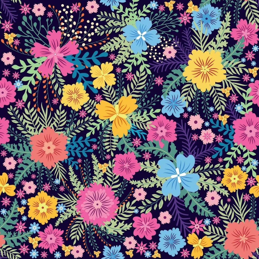 Fairy meadow with flowers seamless pattern. Cute feminine design vector